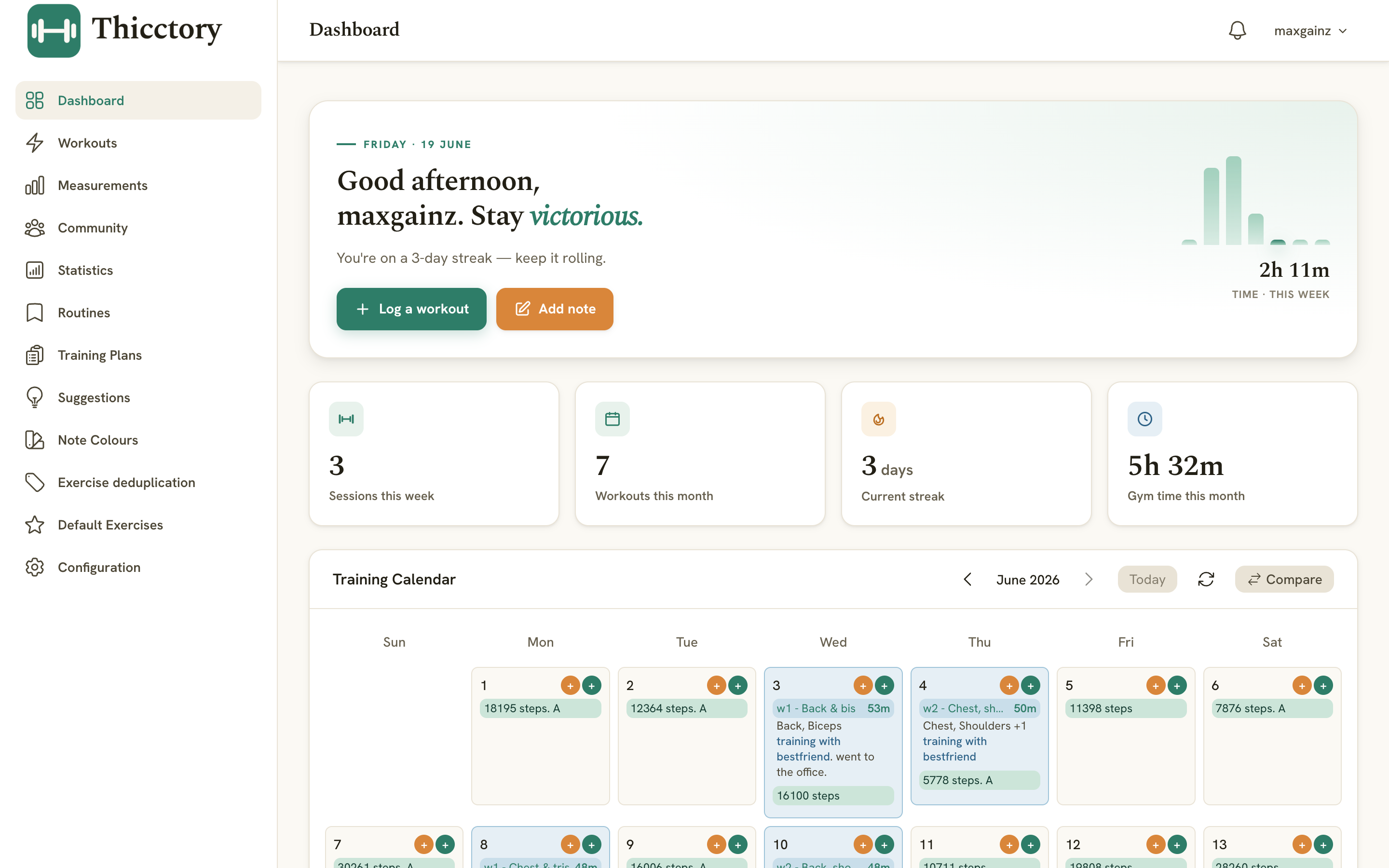 Thicctory Dashboard — calendar view with monthly stats
